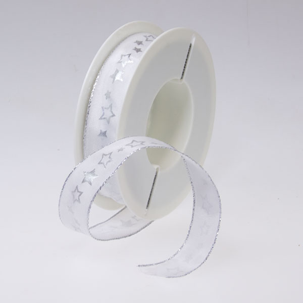 Dekorační stuha s drátkem STARDANCE - bílá + stříbrná (25 mm, 20 m) 