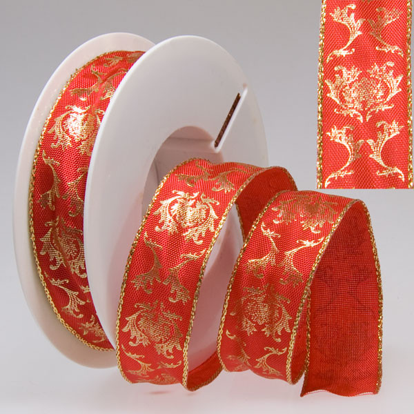 Dekorační stuha s drátkem ERBOS - červená + zlatá (25 mm, 20 m) 