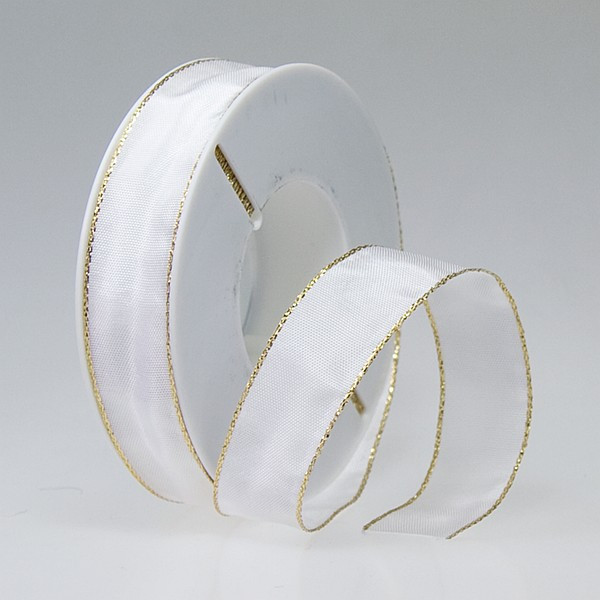 Dekorační stuha acetová s drátkem ACETO - bílá + zlatá (25 mm, 25 m/rol)