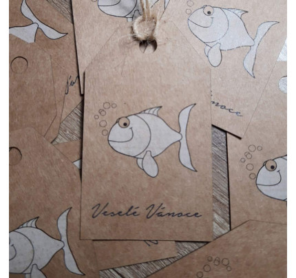 Vánoční jmenovky - bílá ryba - kraft (10 ks/bal)