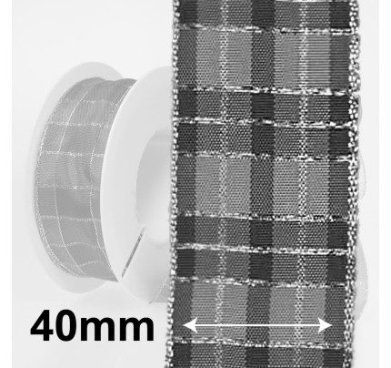 Dekorační stuha s drátkem KILT - šedá / stříbrná (40 mm, 20 m) 