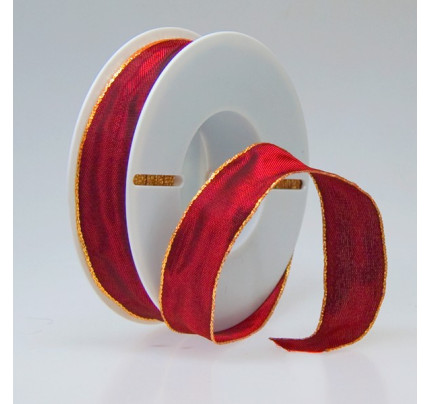 Dekorační stuha acetová s drátkem ACETO - červená + zlatá (15 mm, 25 m/rol)